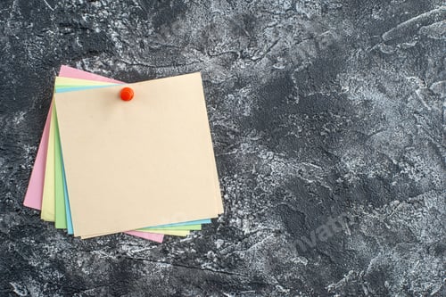 Preview: top view different stickers on gray background college lesson notepad pen note school paper student