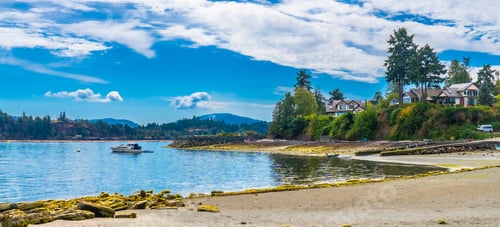Preview: Motorboat sailing near chemainus coastline on vancouver island