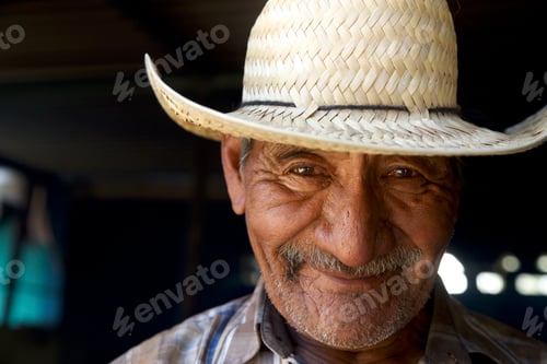 Preview: Elderly man with a warm smile wearing a straw hat.