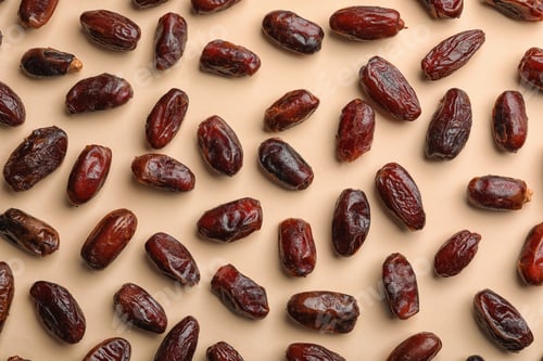 Preview: Sweet dried date fruits on color background, top view