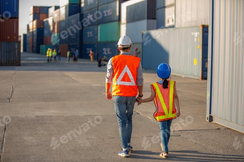 Preview: Business heir concept. Grandfather, Father and daughter are standing in Container cargo harbor.