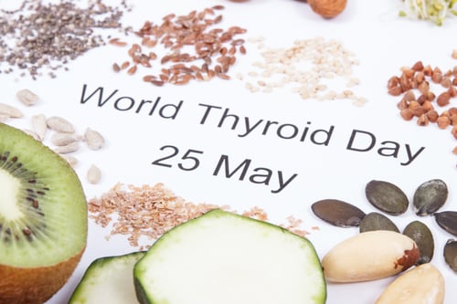 Preview: Nutritious ingredients and inscription World Thyroid Day 25 May. Healthy food containing vitamins