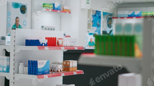 Preview: Health drugstore shelves filled with medicaments and pharmaceutics