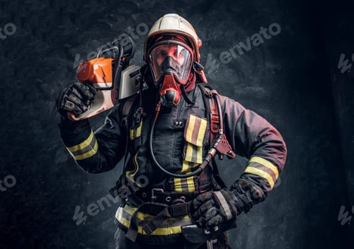 Preview: Portrait of a firefighter in safety helmet and oxygen mask holding a chainsaw