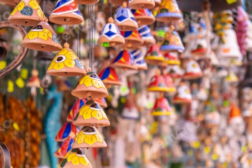 Preview: Ceramic handycrafts sold in the shops sold in Sopot Poland. Candid souvenir travel gifts. Clay bells