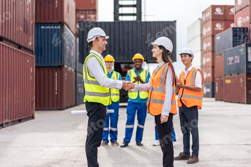 Preview: Group of attractive male and female worker work in container terminal.