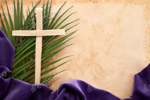 Preview: Palm sunday background. Cross and palm on vintage background.