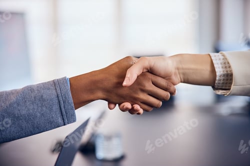 Preview: Close-up of a black female shaking hands with a white female, working together.