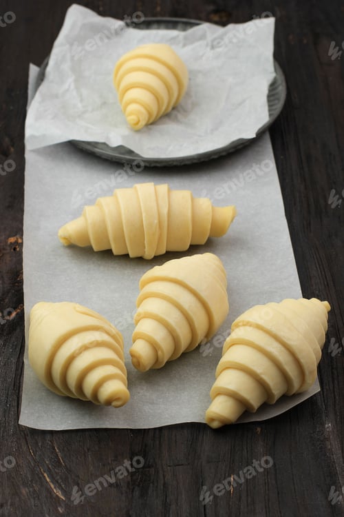 Preview: Frozen Croissant, Process Making Homemade Croissant, Raw Croissant Preparation Baking at Home.