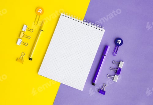 Preview: School supplies. Yellow and lilac colors. Empty notebook. Flat lay composition. Space for text.