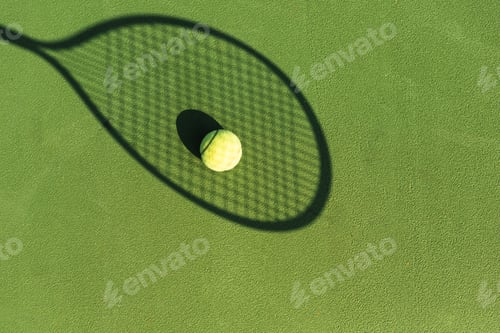 Preview: top view of tennis ball and tennis racket shadow on green tennis court