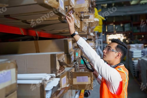 Preview: Warehouse worker looking for goods on the shelves