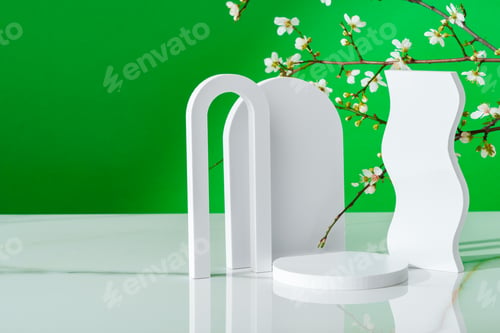 Preview: Decorative podiums and blooming branches on green background with shadows
