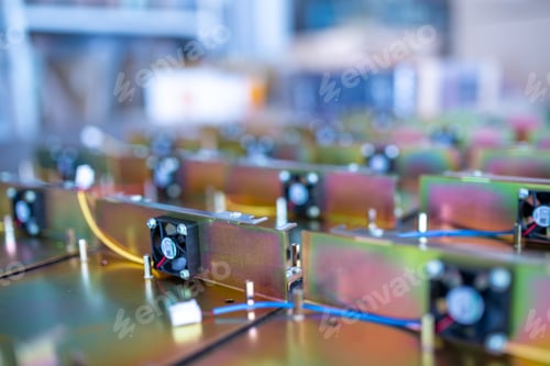Preview: Rainbow metal details of TFT displays on table in workshop
