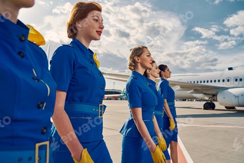 Preview: Group of pretty air hostesses crossing the airfield