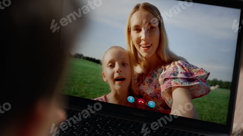 Preview: Closeup child calling mother by web camera. Smiling woman girl talking screen