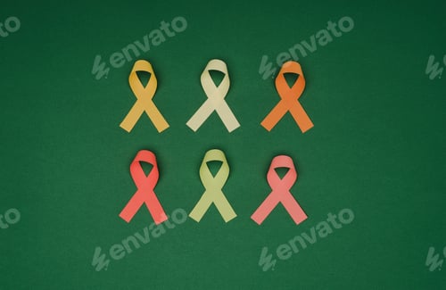 Preview: top view of arrangement of colorful ribbons isolated on green surface, world health day concept