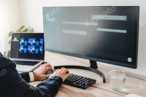Preview: AI image generator app. Person create photo art with prompts on Artificial Intelligence software
