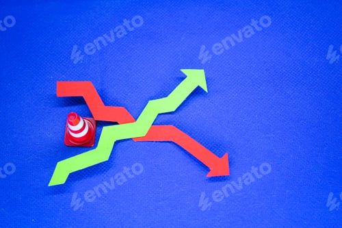 Preview: Wooden blocks with up and down arrows. The concept of lowering and increasing indices, exchange rate