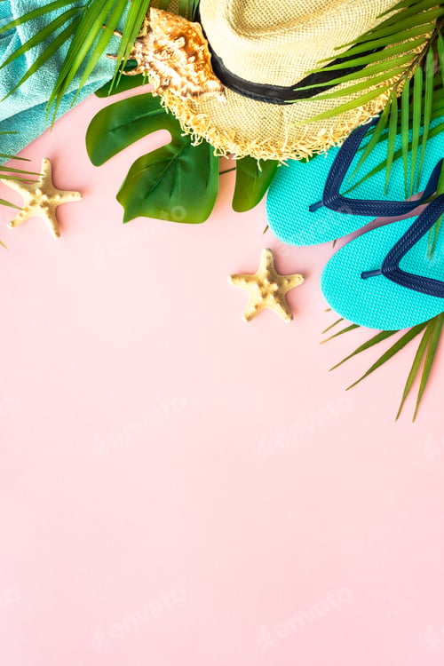 Preview: Summer flat lay background, sea vacation on pink.