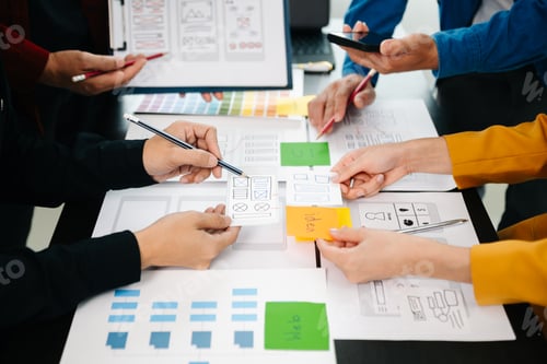 Preview: Close up view of UI developer team brainstorming on their project with laptop,