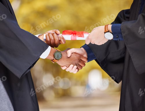 Preview: Graduation diploma, handshake and student in success, achievement and congratulations or thank you.