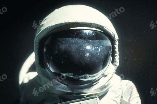 Preview: Spacesuit helmet visor close up on astronaut