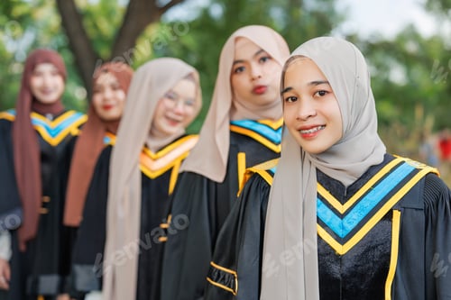 Preview: Group of Asian Muslim women Happy congratulation university outdoors. Arab hijab girls friend
