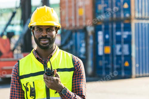 Preview: portrait African black male engineer staff worker foreman at container yard control loading cargo