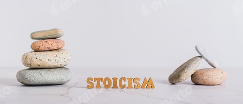 Preview: Concept stoicism word made from letters and pyramid of stones on gray background web banner