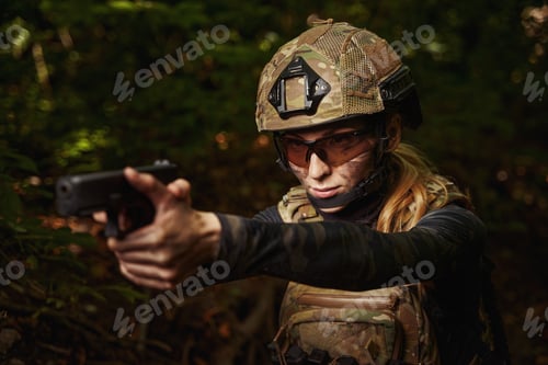 Preview: Female person in helmet aiming at target