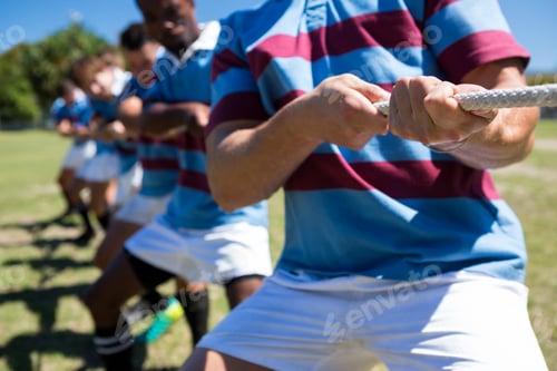 Preview: Midsection of rugby players playing tug of war