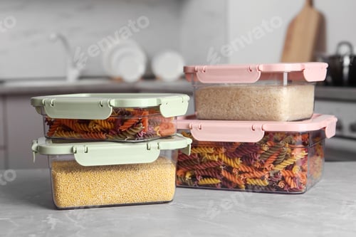 Vista previa: Many boxes with different food on table in kitchen