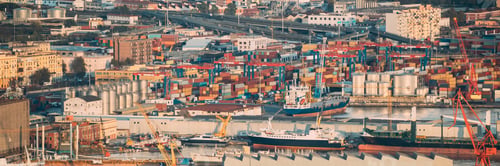 Preview: Naples, Italy. Top View Of Barge Freight Ship Tanker And Container Terminal In Port Of Naples