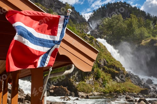 Preview: Norwegian twin waterfall. Norway flag. Latefossen. Visit Norway. Highlight