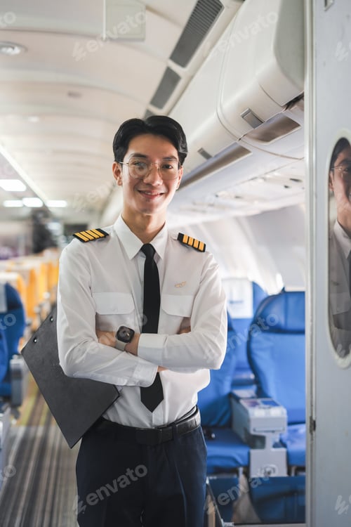 Visualização: Portrait of a airplane captain in uniform preparing to fly.