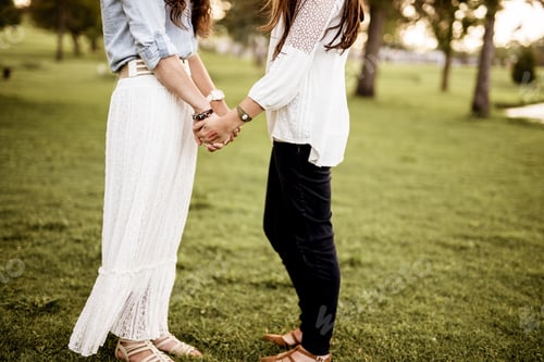 Preview: Closeup shot of a female couple standing in a grassy field and holding hands