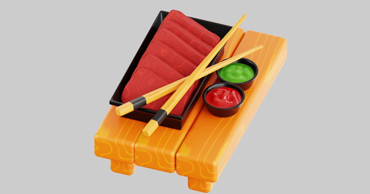 Salmon fillet, condiments, and chopsticks on rectangular tray 3D, Incl ...