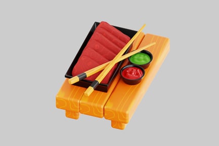 Vista previa: Filete de salmón, condimentos y palillos en bandeja rectangular