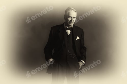 Preview: Antique Plate Photo Of Confident Vintage 1920S Businessman In Black Suit With Bow Tie.