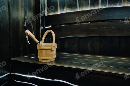 Preview: Bucket and ladle in a wooden sauna. Wooden accessories in the sauna