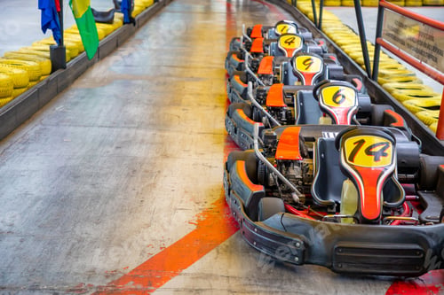 Preview: Row of carts with approval yellow numbers, ready to start inside a open track circuit