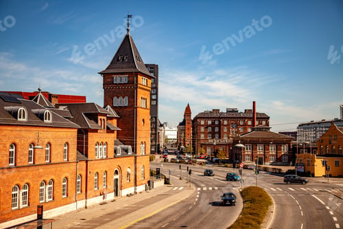 Preview: COPENHAGEN, DENMARK - MAY 6, 2018: aerial view of cityscape with street and cars