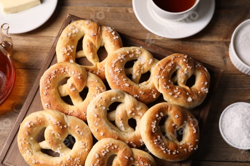 Preview: Tasty pretzels, ingredients and tea on wooden table, flat lay