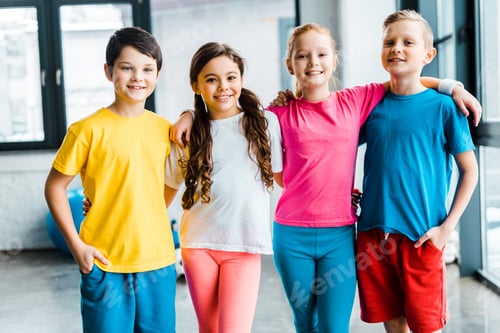 Preview: Joyful preteen children smiling and embracing in gym