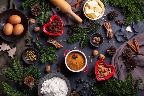Preview: Christmas concept, cooking and baking ingredients, fir twigs