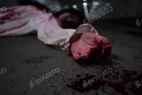 Preview: Scary woman in white dress with bloodstain after murder, Halloween concept