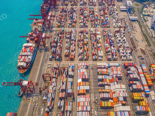 Preview: container cargo ship in the export and import business and logistics. Shipping to the harbor
