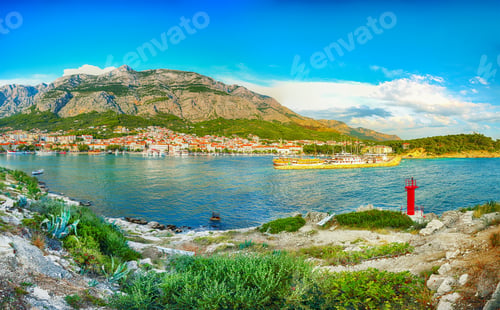 Preview: Splendid View of the resort town of Makarska on a summer day with picturesque harbor