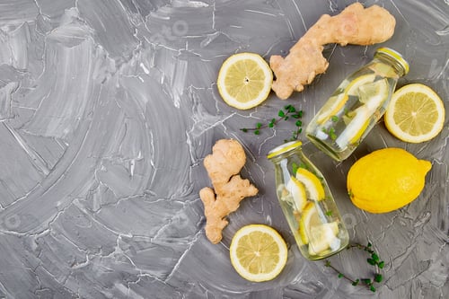 Preview: Detox water in bottles with ingredients, ginger, lemon, mint